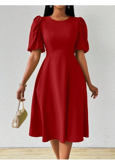 Kadın Kısa Balon Kollu Bisiklet Yaka Kiloş Janjan Krep Elbise Bordo