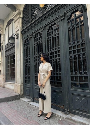 Ahes Shopping Keten Tulum Bel Bağlama Detaylı - Krem Krem