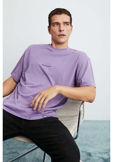 GRIMELANGE Rıver Erkek Oversize Fit Bol Kesim Nakış Işlemeli Basic Örme Mor T-shirt Mor