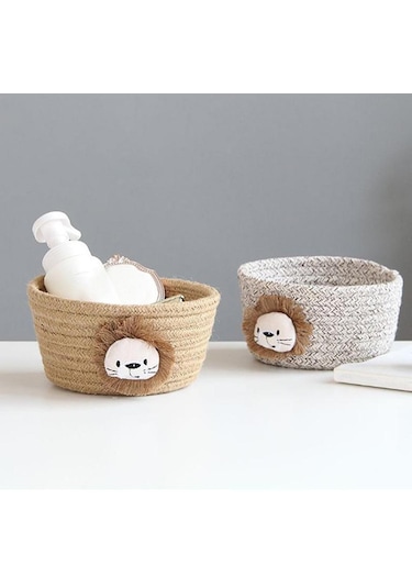 Magideal Suntek El Dokuması Pamuk İpliği Aslan Figürlü Saklama Sepeti Kahverengi - 16x9 CM