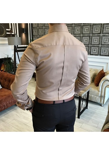 Italyan Stil Slim Fit Dik Yaka Saten Erkek Gömlek Vizon T5104 Vizon