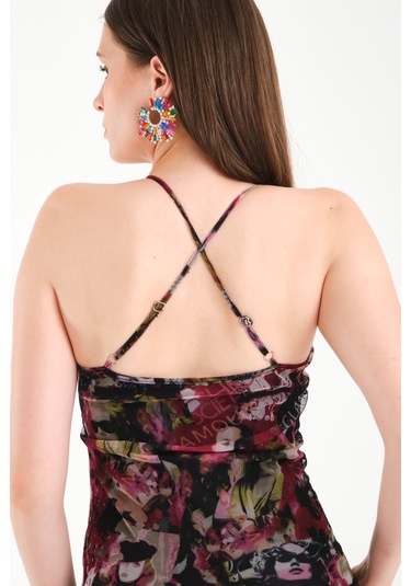 Çapraz Askılı Tül Elbise Pembe - Çok Renkli