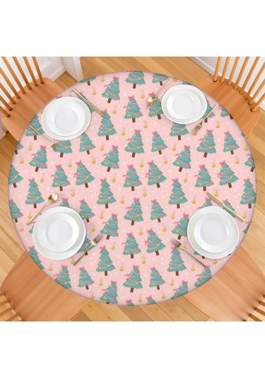 Noel Desenli Yuvarlak Elastic Masa Örtüsü, 45-52 İnç, Suya Dayanıklı, Piknik Ve Kamp İçin Noel Ağacı Kurdele