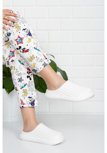 Modafrato Flora Kapalı İçi Yünlü Unisex Ev Terliği Kışlık Terlik Su Geçirmez Beyaz