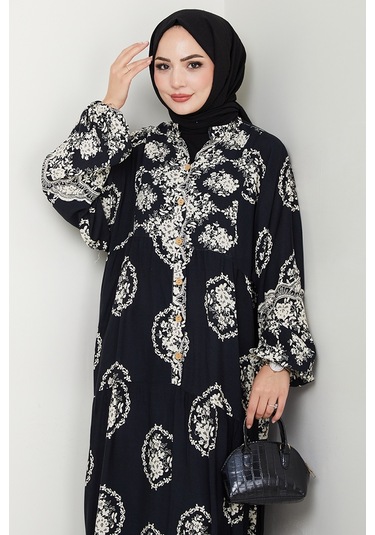Giral Dokuma Viskon Elbise 1543 - Siyah Siyah