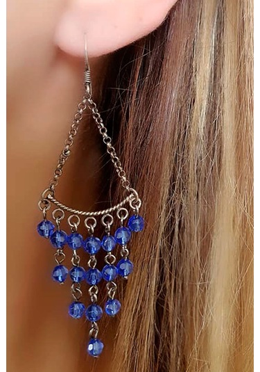 Lacivert Zirkon Taşlı Tasarım El Işi Gümüş Küpe