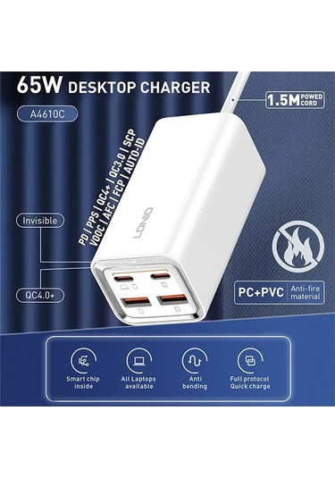 Ldnıo A4610c Pd65w Çift Usb-c / Tip-c + Çift Usb Hızlı Şarj Cihazı, Kablo Uzunluğu: 1.5m, Fiş Tipi: Ab Fiş ﾡﾤ Beyaz Beyaz