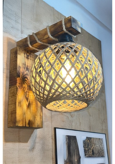 Rustik Ahşap Duvar Apliği Doğal Halat Detaylı, El Yapımı Avize, Dekoratif Yatak Odası Lambası Ahşap