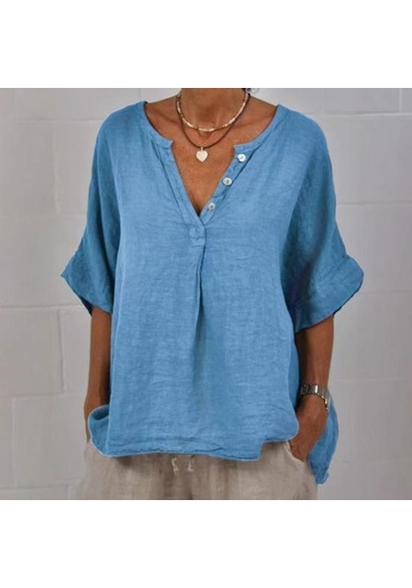Pamuk Keten Kadın Gömlek V Yaka Düğmeli Yarım Patlet Yarım Kol Nefes Alabilir Bol Kamel