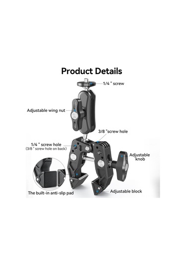 Ranyeek Alüminyum Çift Toplu 360 Döner Kancalı Tutucu - 2kg Yük, 11-65mm Mesafe, 1/4" & 3/8" Vida - Telefon, Spor Kamera, Monitör Uyumlu