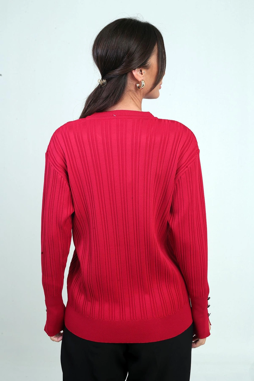 Kadın Kolları Düğmeli Fitilli Triko Bluz-41912 Kırmızı