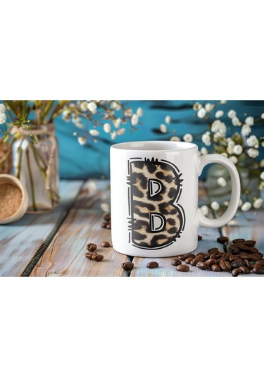 B Baş Harf Leopar Desenli Kupa Bardak - Kişiye Özel Feminen Konsept Hediye - Vahşi Hayvan Desenli Beyaz
