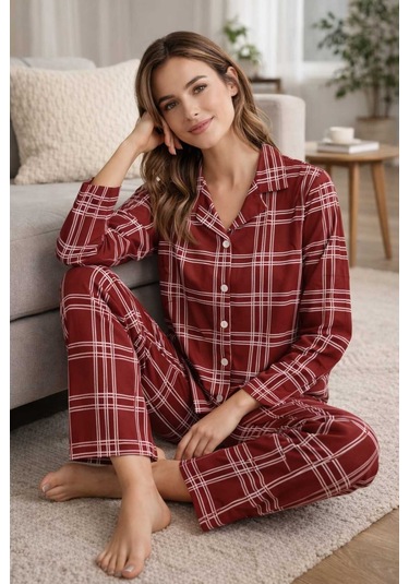 Tenra Kadın Pijama Takımı Licralı Boydan Düğme Bordo