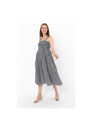 Askılı Pötikare Desenli Yazlık Midi Boy Kadın Elbise 1300