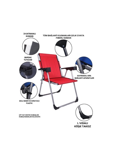Alin Metal Kamp 3''lü 140 Kg Taşima Kapasiteli Lüks Bardaklıklıp Kamp & Piknik Sandalyesi Ssd-03 Kırmızı