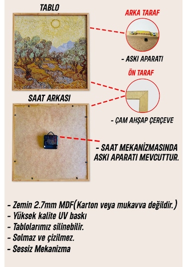 Van Gogh Esintili 3'lü Tablo Seti Kedi Saatli Ahşap Çerçeveli Mdf Tasarım Renkli