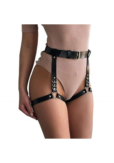 Suntek Bayan Deri Jartiyer Kemer Bel Bandı Clubwear Demeti Askısı Siyah