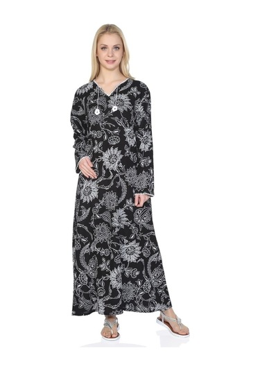 Uzun Kol Şile Bezi Baskılı Uzun Elbise Çınar Desen Siyah