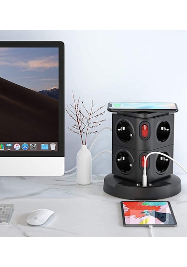 Termal Akım Korumalı Kablosuz Şarj 3 USB 8 Priz 1x Wireless Uzatma Kablosu