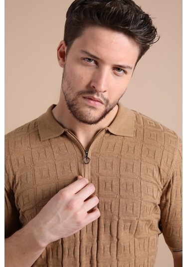 Ferraro Camel Polo Yaka Fermuarlı Erkek Pamuk Triko T-Shirt-Kahverengi (490417687) Kahverengi