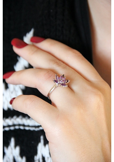 925 Ayar Gümüş Mor Lotus Çiçeği Yüzük - 34023300