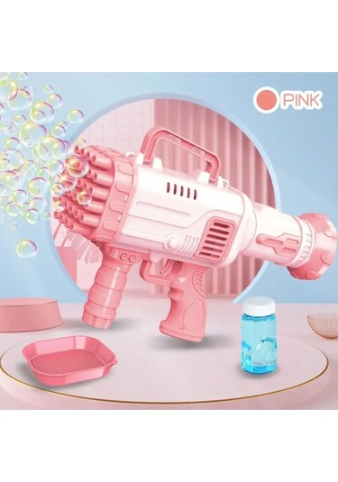 Pilli Roket Atar Köpük Tabancası 32 Delikli Bazooka Bubble Machine - Pembe Pembe