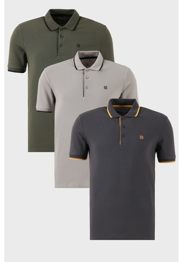 Buratti Pamuklu Slim Fit Şerit Detaylı Düğmeli Polo Yaka 3'Lü Paket Erkek T Shirt 5902118S3 Antrasit-Haki-Taş