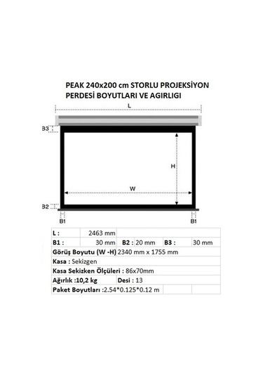 Peak 244 x 200 CM Storlu Arkası Siyah Projeksiyon Perdesi Beyaz Kasa