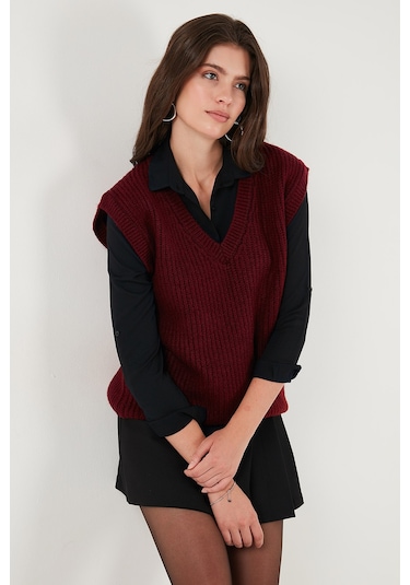 Lela V Yaka Örme Triko Bayan Süveter 4616105Y Bordo