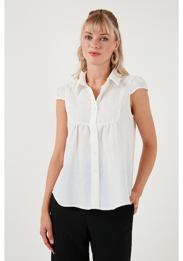 Lela Dantel Detaylı Kısa Kollu Regular Fit Bayan Gömlek 611Go0215 Ekru