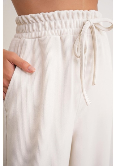 4757 Kadın Lastikli Bol Paça Örme Dökümlü Selanik Pantalon Taş Taş