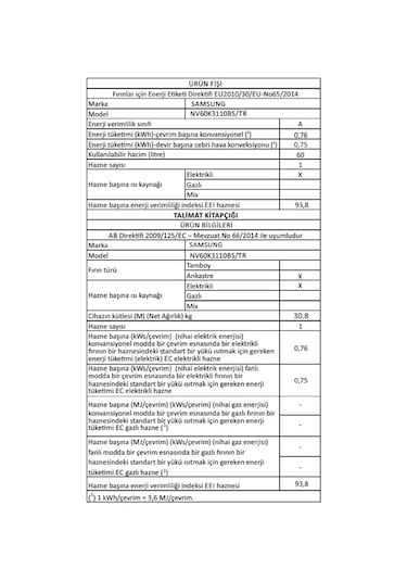 Samsung NV60K3110BS-TR 60 LT Elektroturbo Ankastre Fırın