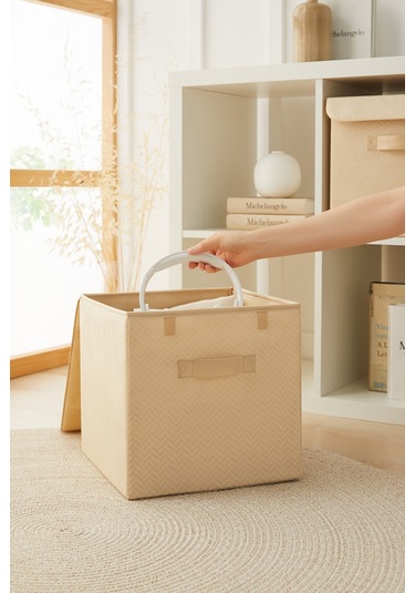 Ocean Home Textile 2'li Bej Balıksırtı Kapaklı Kutu Set 30 x 30 x 30 cm