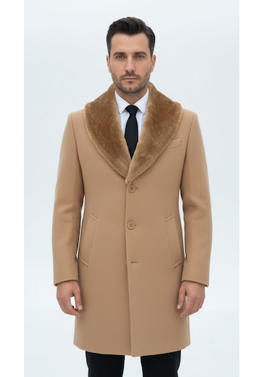 Plus Scorpion Erkek Uzun Kaşe Kaban Çıkartılabilir Kürk Yaka, Astarlı Ve Cepli Slim Fit Mont Bej, Gri, Siyah, Taba Bej