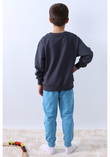 Erkek Çocuk Eşofman Takımı Palmiye Baskılı Ribanalı 4 Mevsim Bisiklet Yaka F13 Mavi