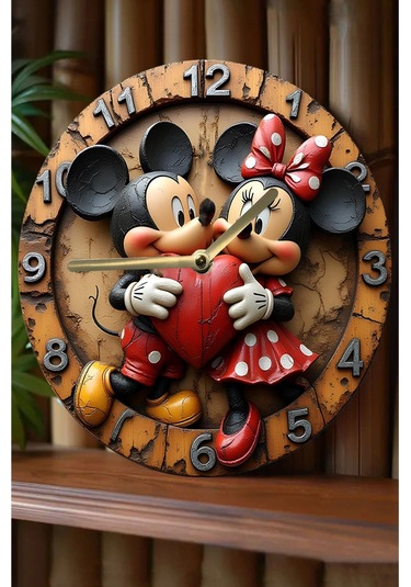 Mickey Ve Minnie Temalı Mdf Duvar Saati 33 Cm, 3d Görünümlü, 2d Hd Baskı Sdw232 Renkli