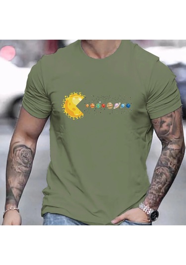 Guılan Erkek Gezegen Baskılı Pamuk Tişört - Yazlık Rahat Gündelik Üstordu Yeşil Ordu Yeşil