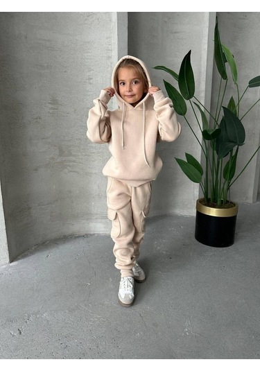 Üç İplik Kapüşonlu Şardonlu Takım Kahverengi - Beyaz