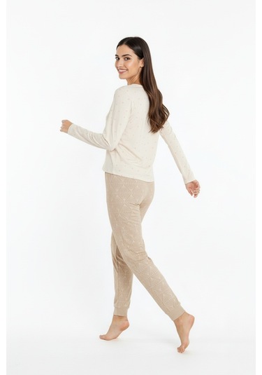 Üstü Love Yazılı Altı Desenli Elite Viscose Uzun Pijama Takımı Krem 3562 Krem