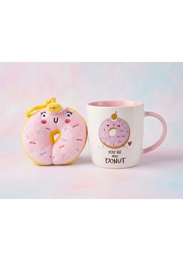 Donut Peluş Anahtarlıklı Kupa 360 Ml Pembe2
