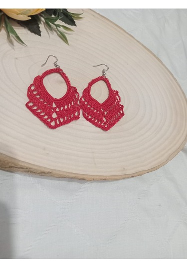 Golden Takış Modern El İşi Örgü Küpe Kırmızı