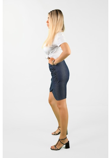 Kadın Büzgü Detaylı İnce Kot Etek Mavi