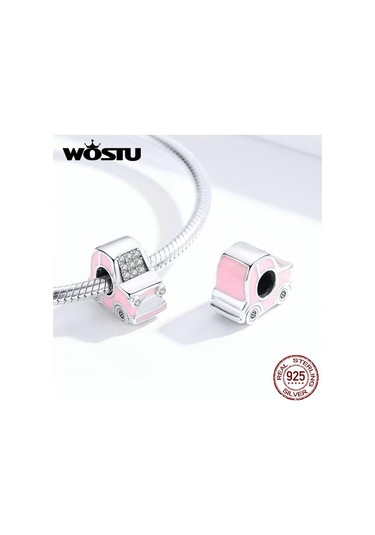 Wostu Güzel 100% 925 Ayar Gümüş Pembe Araba Boncuk Zirkonya Charm Fit Orijinal Bilezik Kolye Pembe