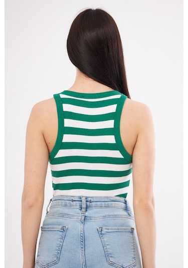 Mea Capio Kadın Çizgili Fitilli T-shirt Halter Yaka Örme Atlet Yeşil - Yeşil