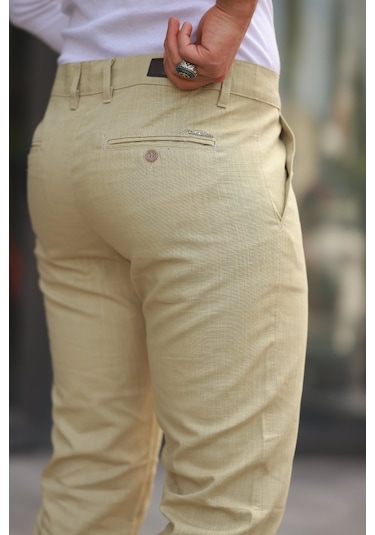 Erkek Rahat Keten Pantolon Haki