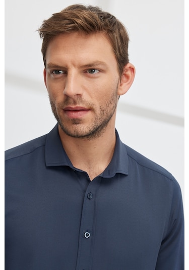 AC&Co / Altınyıldız Classics Erkek LACI Kolay Ütülenebilir Slim Fit Dar Kesim İtalyan Yaka Armürlü Gömlek Lacivert