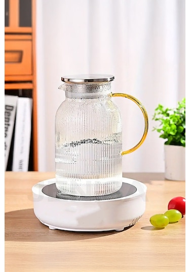 1500 Ml Borosilikat Cam Çizgili Sürahi Süzgeçli Metal Kapaklı, Isıya Dayanıklı Şık Tasarım