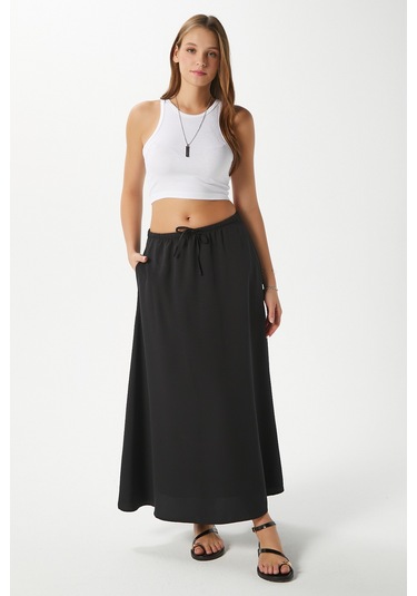 Kadın Trend Modal Serin Kumaş Siyah Bel Lastikli Cepli Rahat Kalıp Uzun Etek