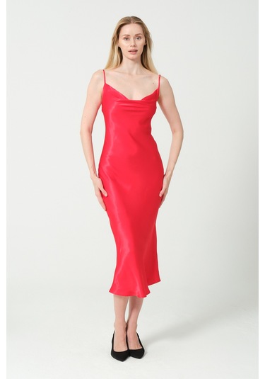 Degaje Döküm Saten Midi Elbise Kırmızı