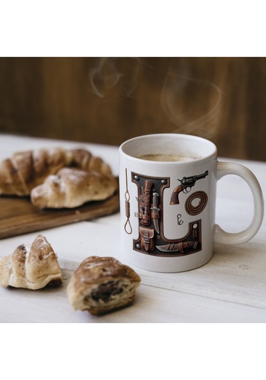 L Harfi Kovboy Temalı Bardak 330 Ml İsim / Harf Kişiye Özel Hediye - Vahşi Batı Konsept Beyaz